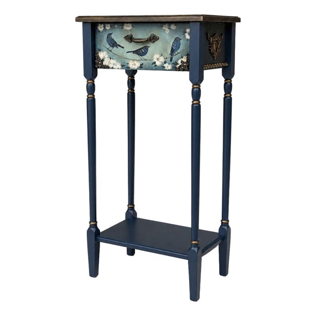 Hand-Painted Blue Birds Console Table – Solid Wood Entryway Accent Furniture For Sale