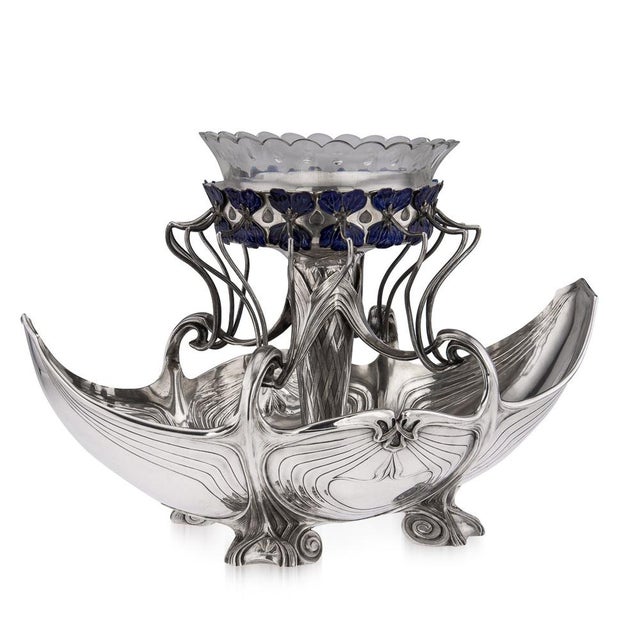 Antique early-20th Century German Art Neuveau Impressively large solid silver and enamel centrepiece. The bowl raised on...