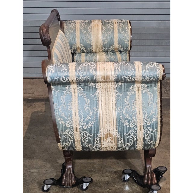 Antique American Empire Style Carved Mahogany Sofa Paw Feet Wedgewood Fabric For Sale - Image 10 of 12