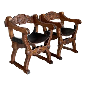 19th Pair of Carved Walnut Leather Savonarola Bench or Settee