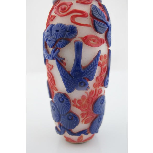 Chinese Animal & Bird Carved Overlay Red & Blue Peking Glass Snuff Bottle For Sale - Image 9 of 14
