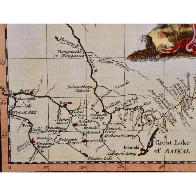 Traditional Siberia as Explored by Behring: Original 18th Century Hand-Colored Map by Bowen, 1744 For Sale - Image 3 of 4