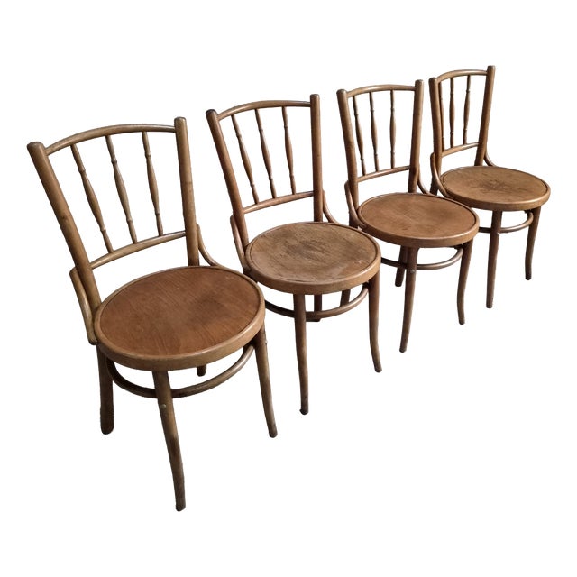 Vintage Bentwood Bistro Chairs from Fischel, Czechoslovakia, 1940s, Set of 4 For Sale