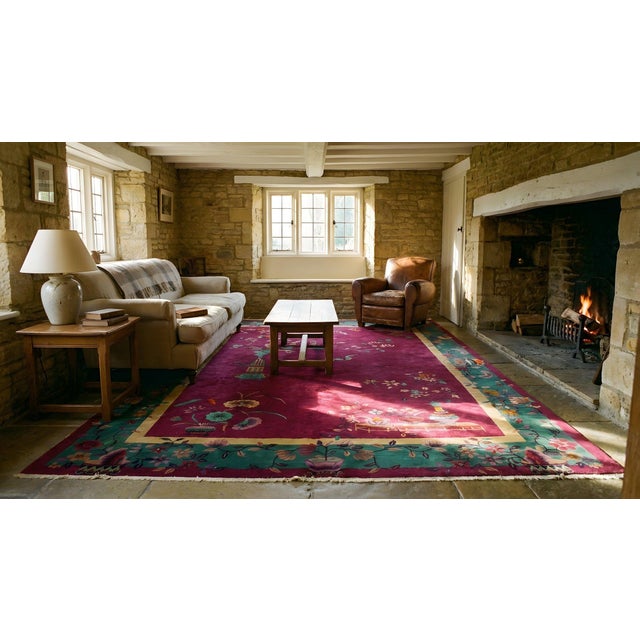 1920s Raspberry Red Floral Vase Antique Chinese Art Deco Carpet 8' 10" X 11' 6" Knotted Wool Rug For Sale - Image 10 of 12