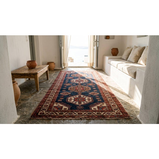 Textile 1890s Blue Navy Harshang Geometric Antique Nw Persian Rug 4'0" X 10'6" Handmade Wool Carpet For Sale - Image 7 of 7