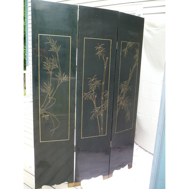 Vintage Wood Carved Black Lacquer 6 Panel Room Divider Screen For Sale In Boston - Image 6 of 6
