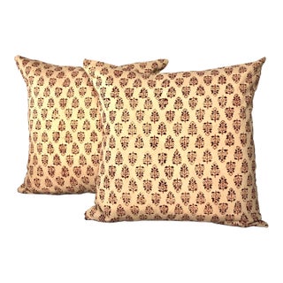 Vintage Orange Hand-Blocked Indian Print Decorative Square Pillows - Set of 2 For Sale