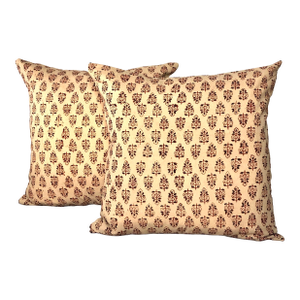 Vintage Orange Hand-Blocked Indian Print Decorative Square Pillows - Set of 2