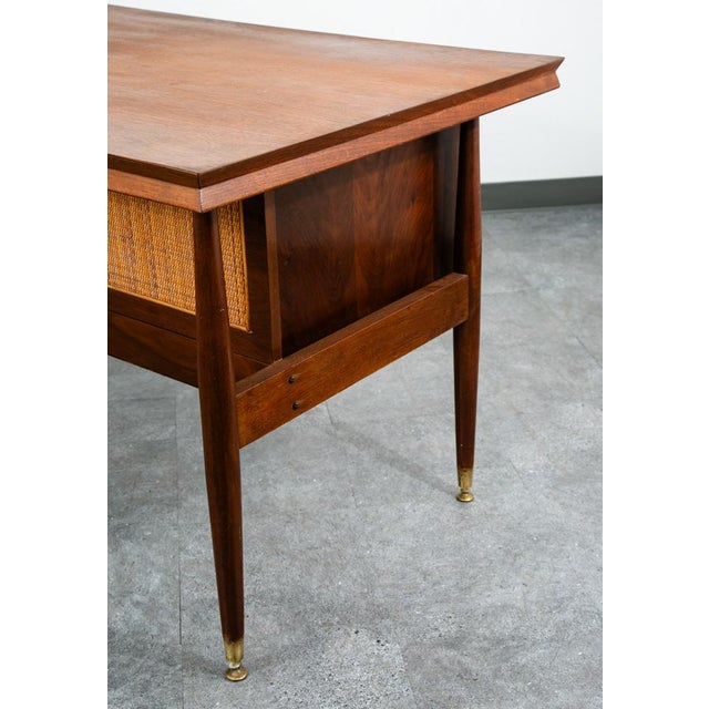1960s Mid Century Modern Desk Office Executive Walnut Cane Back 4 Drawers File MCM 60s For Sale - Image 11 of 12