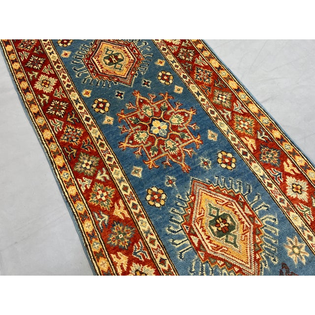 Art Deco Blue and Rust Red Kazak Wool Runner Rug, Tribal Hallway Rug, 2'6" X 10'6" For Sale - Image 3 of 17