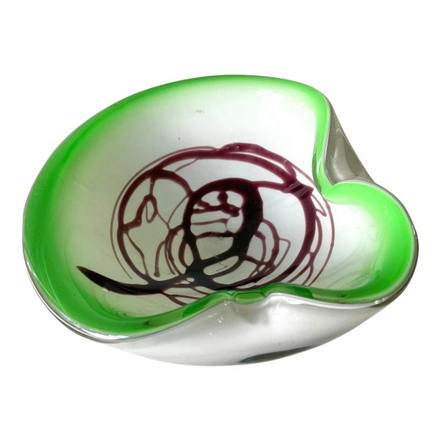 Vintage 1950s Frattelli Toso Green and Brown Swirl Murano Glass Design Bowl For Sale