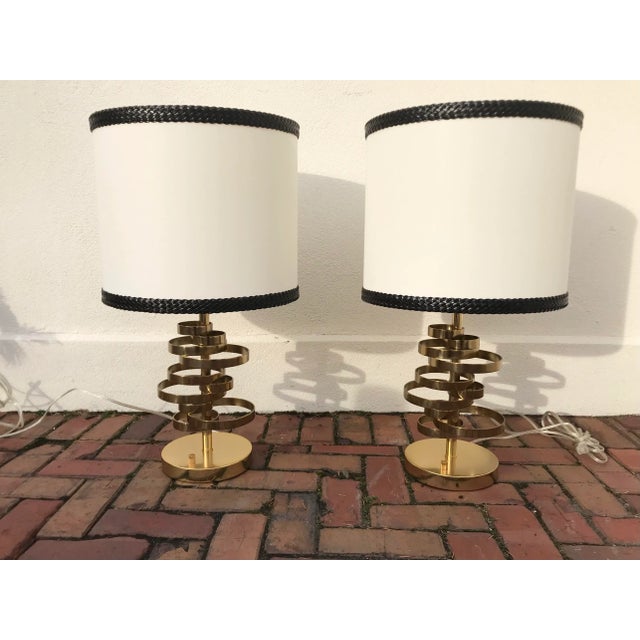 Art Deco Brass Ribbon Lamp With Braided Leather Shade - a Pair For Sale - Image 3 of 12