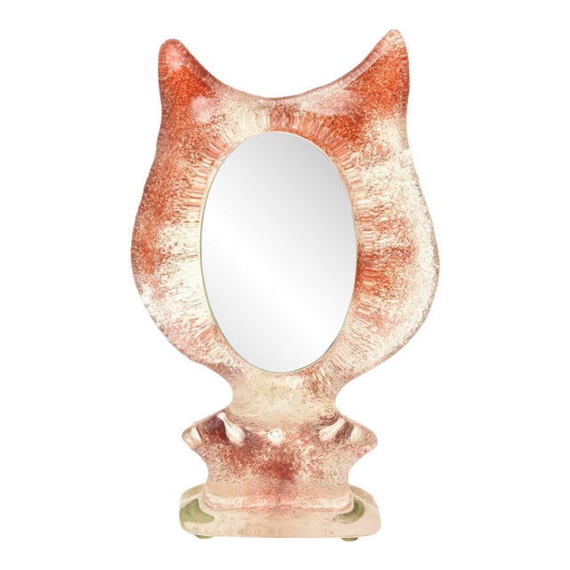 Vintage Kosta Boda Scavo Sandlbasted Glass Sculptural Tabletop Cat MIrror For Sale