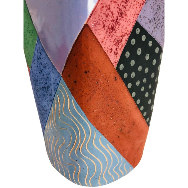 1980s 80s Huge Asymmetrical Post Modern Memphis Colorful Abstract Cubist Art Pottery Tall Vase Signed For Sale - Image 5 of 11