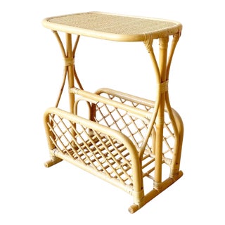 Boho Chic Bamboo Rattan Magazine Rack Side Table For Sale