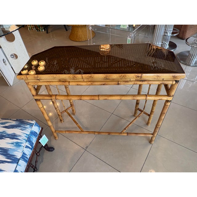 1970s Vintage Brighton Style Rattan Woven Cane Tortoise Demi Lune Console Table For Sale - Image 5 of 12