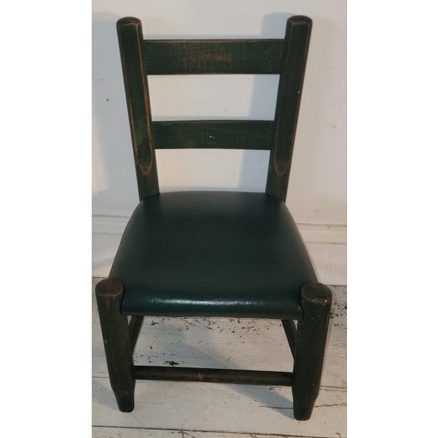Folk Art Mid 19th Century Green Painted Child's Ladder Back Chair W/Green Leather Seat Cushion For Sale - Image 3 of 6