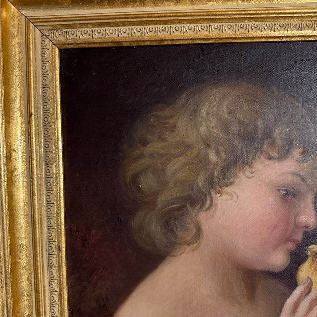 Vintage Oil Painting Child With Chick Classical Portrait Gilt Frame For Sale - Image 9 of 12