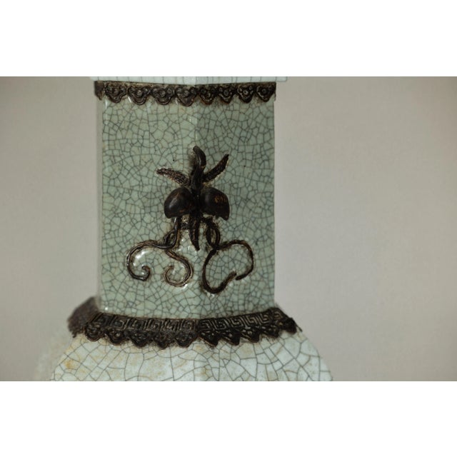 Crackle Celadon Hexagonal Vase with Greek Key and Decorative Motifs For Sale - Image 11 of 12