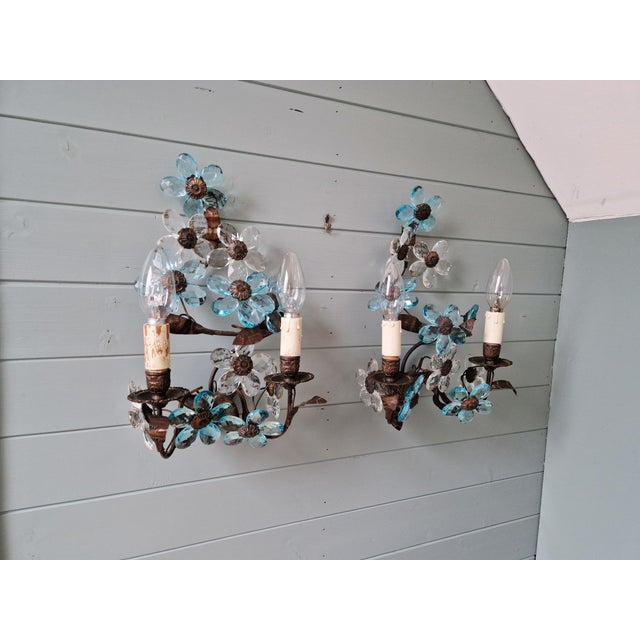 Mid-Century Modern Murano Crystal Floral Wall Sconces, 1950s, Set of 2 For Sale - Image 3 of 15