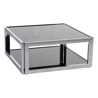 Sharp Square 2 Tier Modern Chrome Base Smoked Glass Coffee Table w/ Shelf MINT For Sale