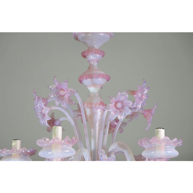 1960s Extraordinary Murano Glass Chandelier Adorned With Pink Flowers For Sale - Image 10 of 15