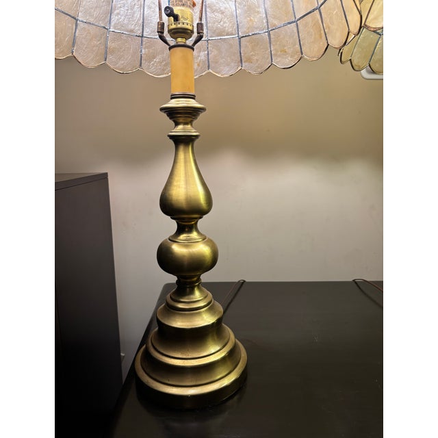 Vintage Brass Capiz Shell Lamp Set For Sale - Image 4 of 12