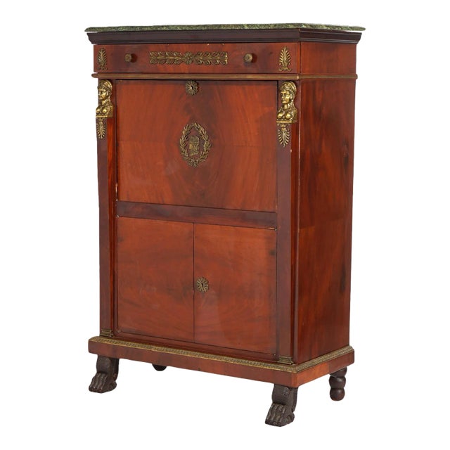 Antique French Empire Flame Mahogany Abattant with Figural Ormolu 19th Century For Sale