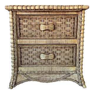 Vintage Coastal Woven Rattan Two Drawer Nightstand W/ Glass Top For Sale