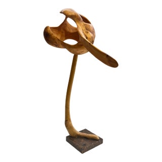 Vintage Abstract Carved Olive Wood Sculpture on Stone Base For Sale