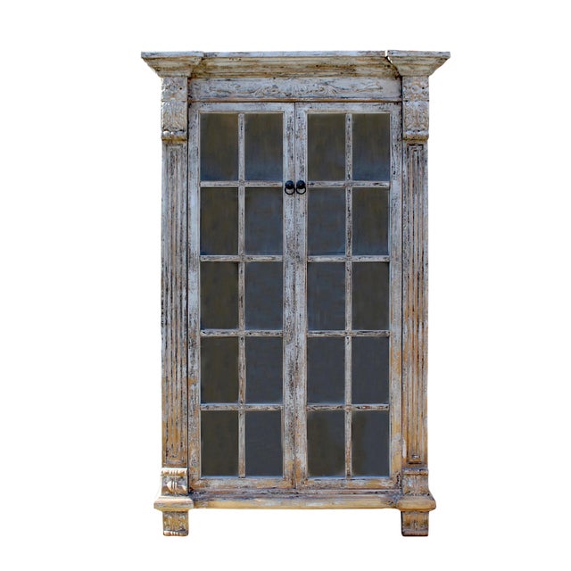 Distressed Pastel Black Gray Tall Glass Door Display Bookcase