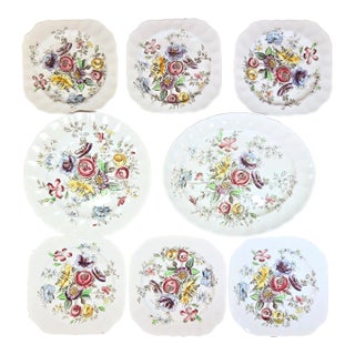 Vintage Set of Spring Flowers Ironstone Plates - Set of 8 For Sale