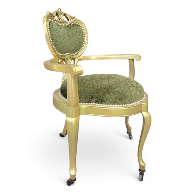 Antique Victorian Gold Carved Ornate Corner Chair On Casters Newly Reupholstered in Green Velvet Great to add to your...