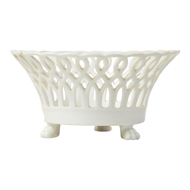 Antique French Porcelain Basket Fruit Bowl With Lion Paw Feet Lattice For Sale