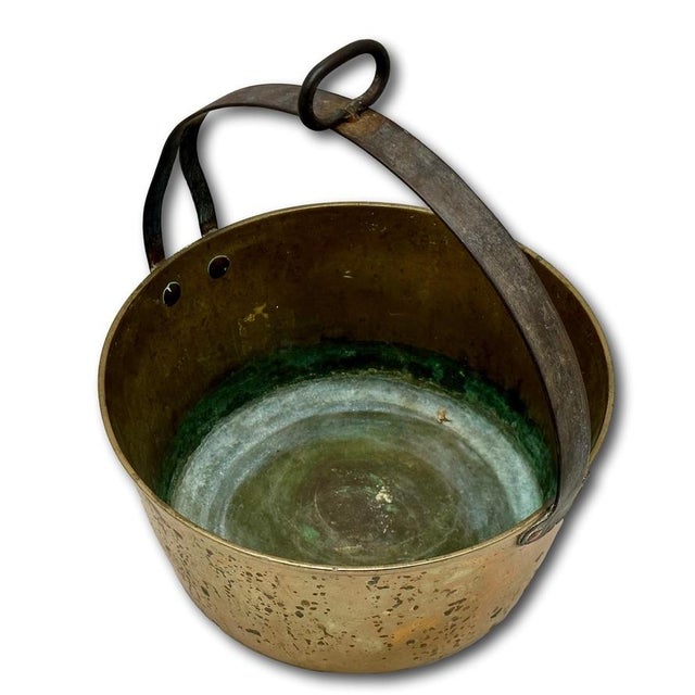 Metal Unusual Mid 1800s Antique Heavy Brass & Hand Wrought Iron Fireplace Hearth Hanging Cooking Pot For Sale - Image 7 of 18