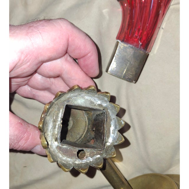 19th Century French Art Nouveau Red Art Glass/ Crystal Gilt Bronze Candle Wall Sconces Attrib. Baccarat True Left and Right Form For Sale In Miami - Image 6 of 18