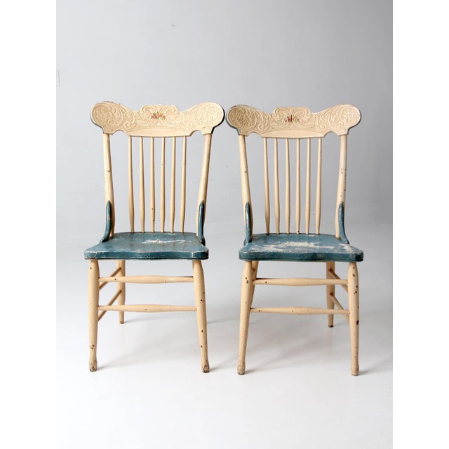 Antique Folk Art Painted Farmhouse Chairs Pair For Sale - Image 4 of 18