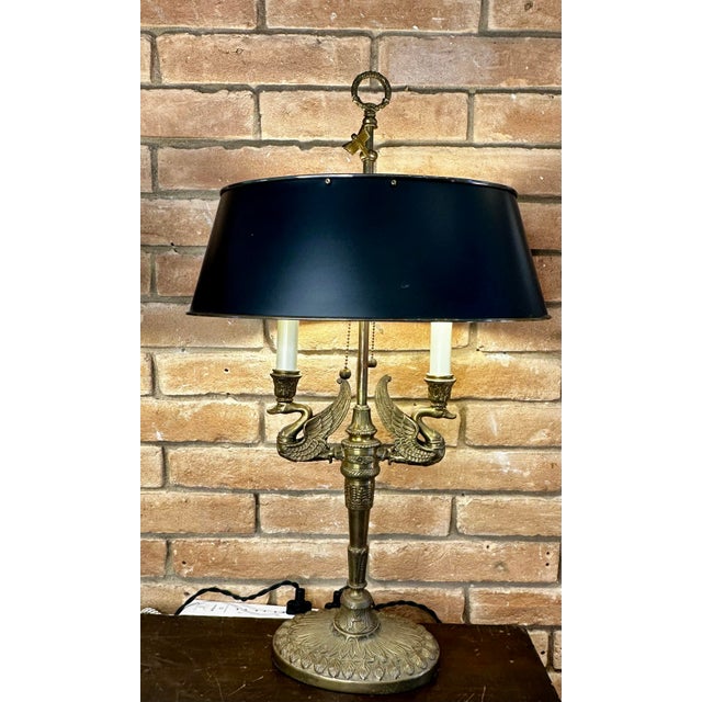 1990s Pair of Brass French Empire Swan Tóle Bouillotte Lamps. For Sale - Image 12 of 12