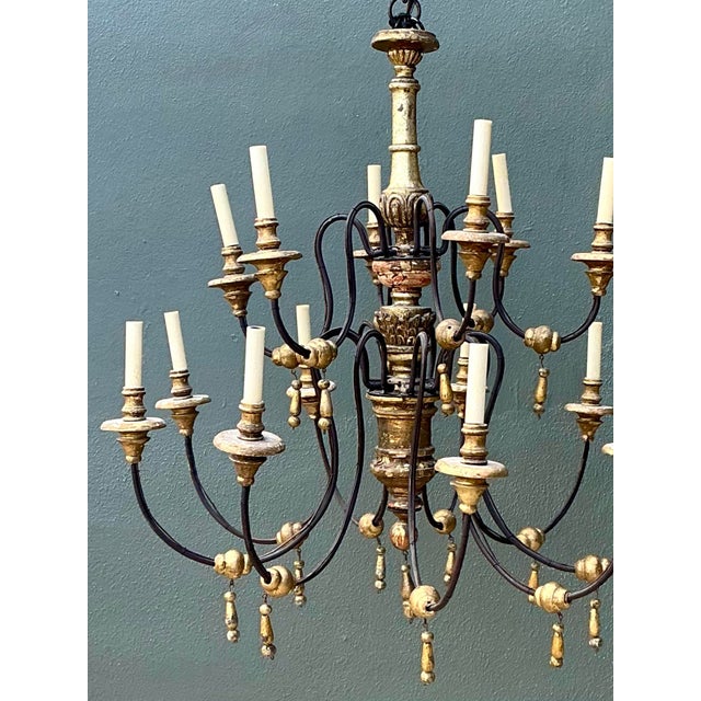 Vintage Gilt Wood and Metal Twelve-Light Chandelier For Sale - Image 11 of 12