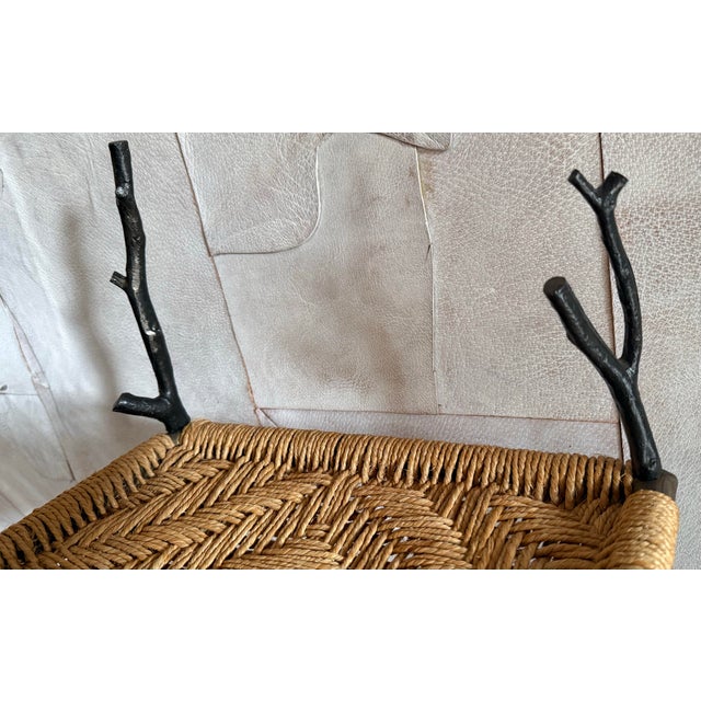 Late 20th Century Vintage 1980’s Organic Modern Geometric Woven Rope Bench, Hand Crafted Bronze Tone Twig Legs/Stretchers Accented With Gold, Nod to Audoux-Minet For Sale - Image 5 of 12