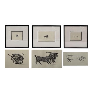 1952, Untitled [Dog] From Castle Street Dogs, Set of 3 Framed Woodblock Prints, Artist Leonard Baskin For Sale