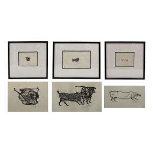 1952, Untitled [Dog] From Castle Street Dogs, Set of 3 Framed Woodblock Prints, Artist Leonard Baskin