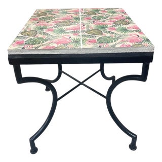 Tropical Flamingo Tile-Top Side Table With Wrought Iron Base For Sale