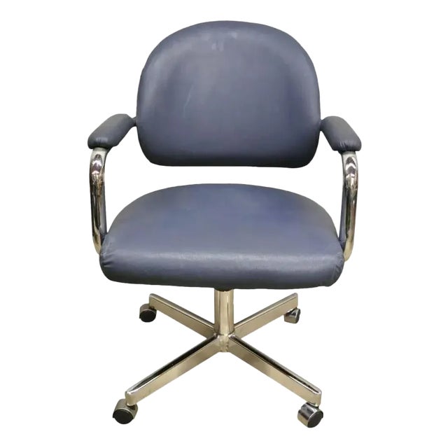 Vintage Chromcraft Mid Century Modern Blue Vinyl Rolling Office Desk Chair (A) For Sale