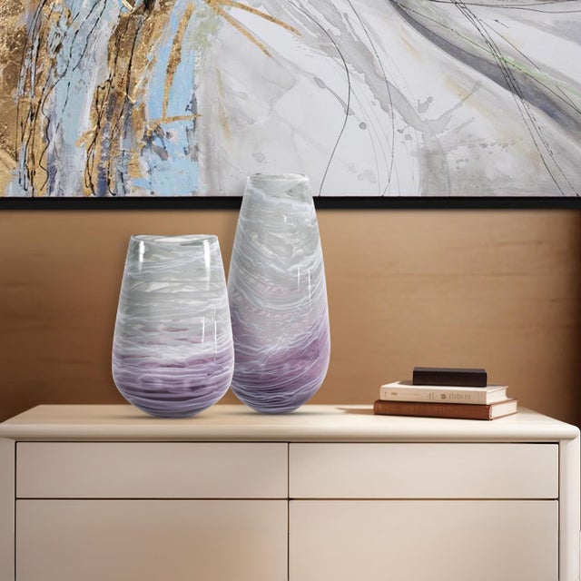 Modern Swirled Smoke and Aubergine Torpedo Glass Vase- Short For Sale - Image 3 of 11