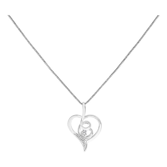 Espira 10K White Gold .03 Cttw Diamond-Accented Round-Cut Diamond Swirl Open Heart 18" Pendant Necklace (I-J Color, I2-I3 Clarity) For Sale