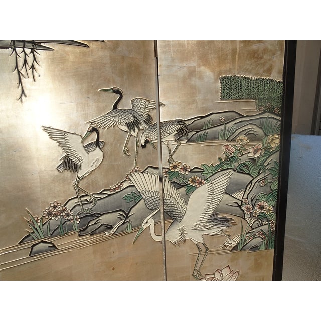 Vintage Silver Chinese Asian Six Panel Screen ~ Room Divider W Heron Birds For Sale - Image 12 of 18