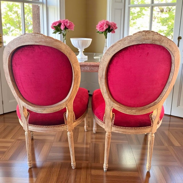 Textile Ruby Red Pair French Velvet Silk Fabric Trim Custom Accent Chairs For Sale - Image 7 of 10