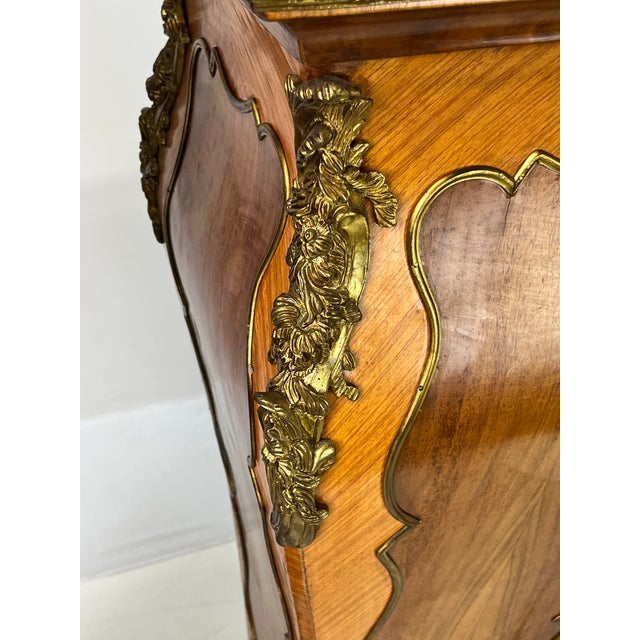 Green Pair of Mid-20th Century French Rococo Style Marquetry & Ormolu Pedestals With Green Marble Tops For Sale - Image 8 of 16