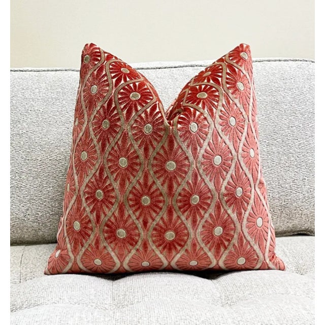 The spiced coral velvet pillow cover brings warmth with its rich red-orange hue. Its jacquard design showcases delicate...